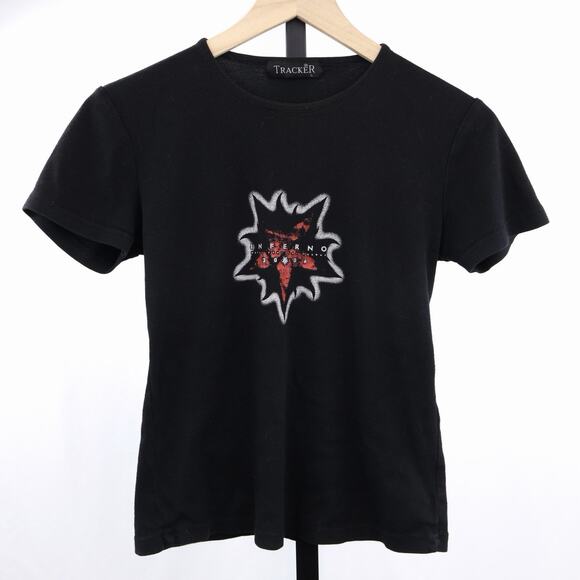 Tracker Tops - Vintage‎ Inferno Metal Festival Norway 2006 Womens Baby Tee Black Fitted Goth